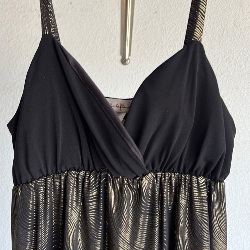 Black gold pattern printed mini dress.